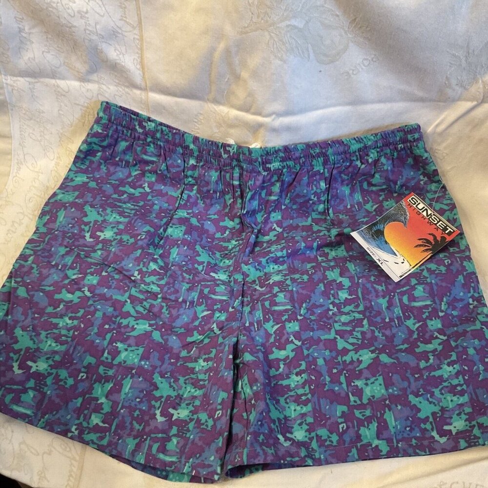 Vintage SUNSET HIGHWAY Lined Swimming Trunks Sz XL 40-42 Blue Purple Pockets